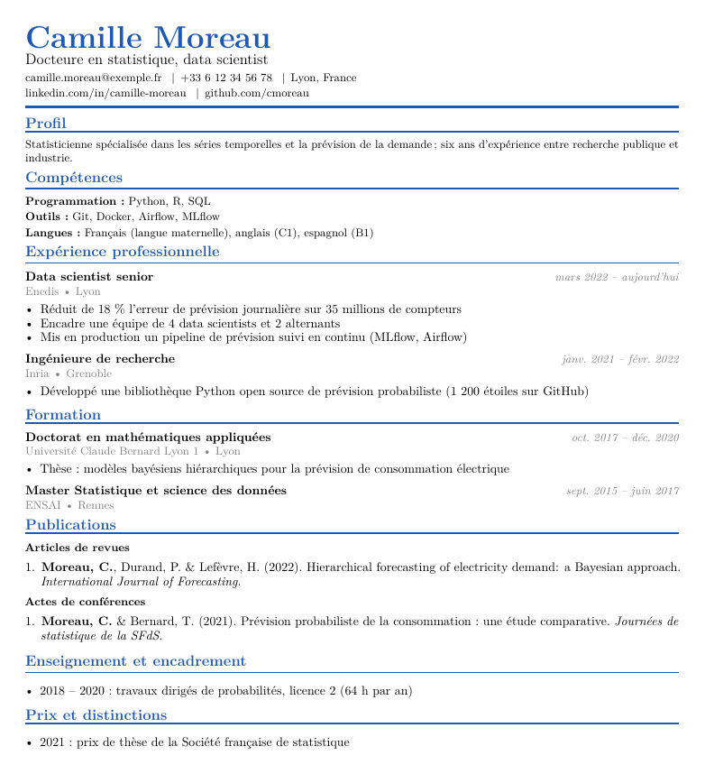CV d'entreprise en français produit par le générateur latexci, une page