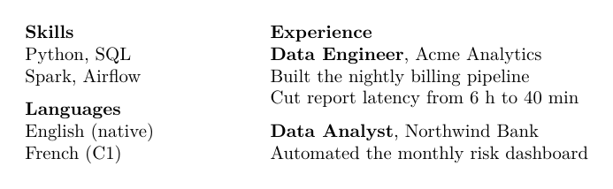 Two-column resume excerpt: skills and languages in a left sidebar, experience on the right