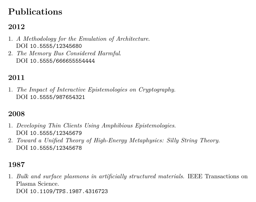 Publication list grouped by year, compiled from the ORCID summaries